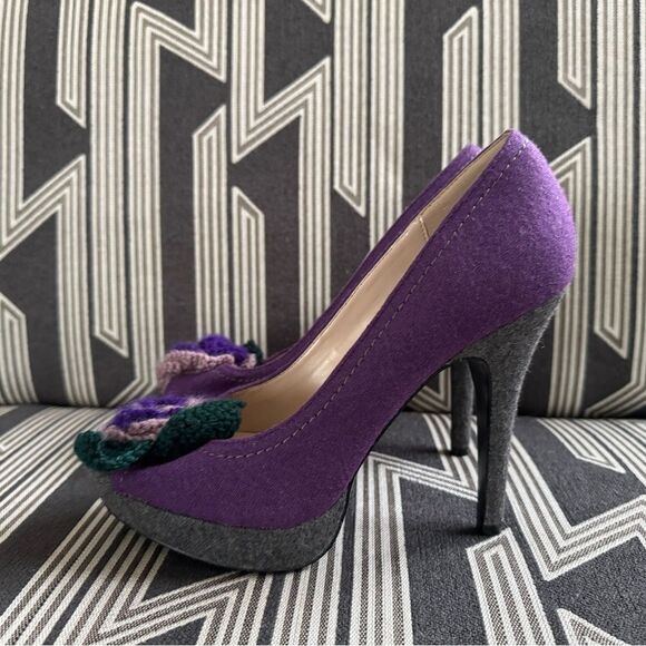 Primadonna Vera Pelle Purple Felt Wool Crochet Floral Peep Toe Pumps Size 10 - Picture 9 of 16